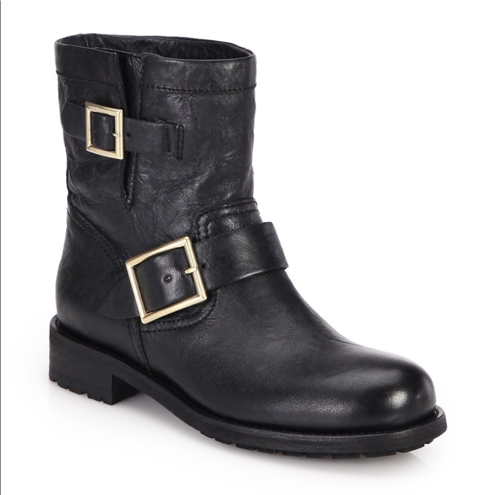 Jimmy Choo Youth Black Leather Biker Boots 38.5 - Picture 4 of 16